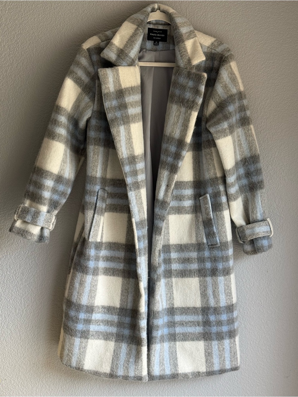 Haute Monde Cream and Gray Plaid Wool Pea Coat
